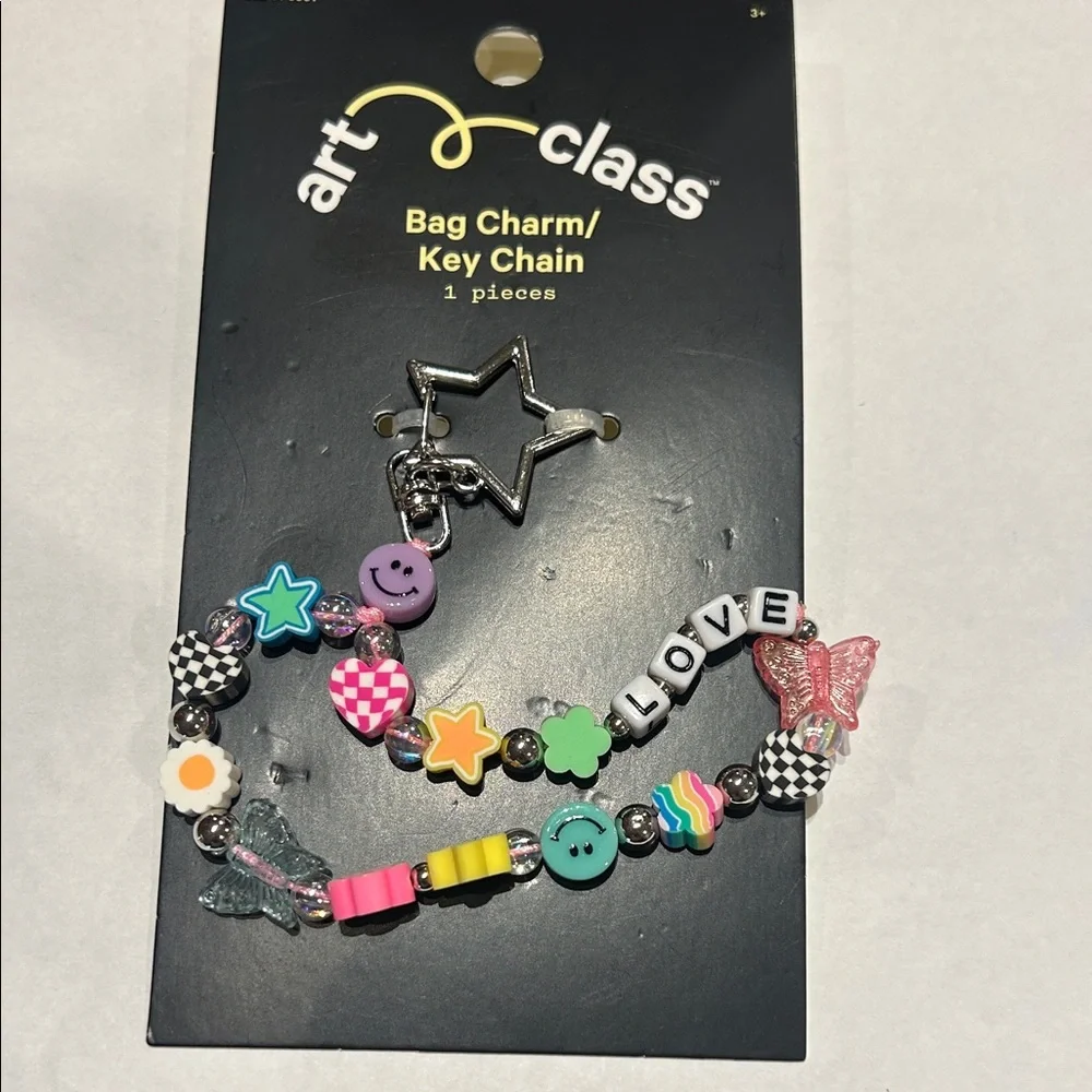 Art Class beaded bag charm/key chain smiley face, a checkered heart spell LOVE